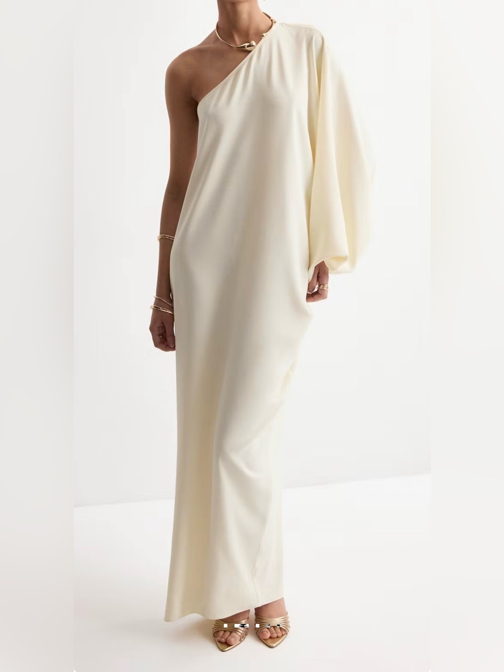 Mango One-Shoulder Cream Draped Gown